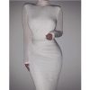 Women Long Sleeve Solid High Neck Bodycon Dress high waist slim ankle length sheath OL work dress - Hplify