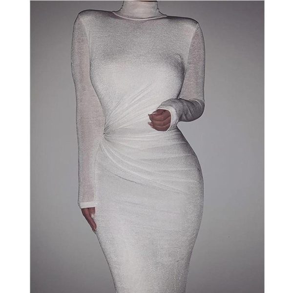 Women Long Sleeve Solid High Neck Bodycon Dress high waist slim ankle length sheath OL work dress - Hplify