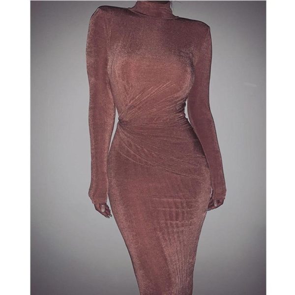 Women Long Sleeve Solid High Neck Bodycon Dress high waist slim ankle length sheath OL work dress - Hplify