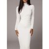 Women Long Sleeve Solid High Neck Bodycon Dress high waist slim ankle length sheath OL work dress - Hplify