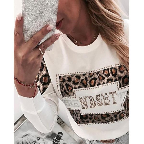 Women Long Sleeve T Shirt Leopard Print Rhinestone Embellished Detail Tops Casual O Neck Spring Tshirt - Hplify