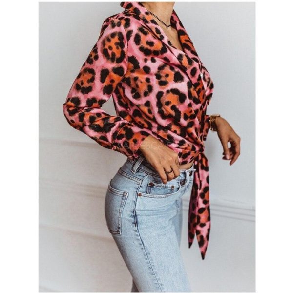 Women Long Sleeve T Shirt Leopard Print V Neck Wrap Tops Autumn Elegant Ladies Tshirt Streetwear Blusas Mujer - Hplify