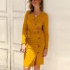 Women Long Sleeve V Neck Button Midi Dress Autumn Winter Knitted Dress Elegant OL Workwear Streetwear Bodycon Vestidos Mujer - Hplify