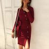 Women Long Sleeve V Neck Button Midi Dress Autumn Winter Knitted Dress Elegant OL Workwear Streetwear Bodycon Vestidos Mujer - Hplify