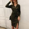 Women Long Sleeve V Neck Button Midi Dress Autumn Winter Knitted Dress Elegant OL Workwear Streetwear Bodycon Vestidos Mujer - Hplify