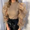 Women Mesh Embroidery T Shirt Sexy Splicing Puff Sleeve Top Elegant Mock Neck floral Sleeve Ribbed T Shirt Spring Blusa feminino - Hplify