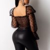 Women Mesh Sheer Tops Summer Square Collar Elastic Pleated Crop Tops Long Sleeve Black Polka Dots Sexy Shirt Puff Sleeve Blusa - Hplify