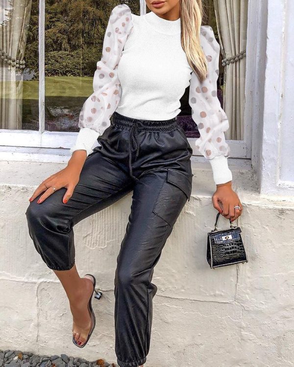 Women Mock Neck Polka Dot Puff Sleeve Top Elegant Mesh Insert Ribbed Long Sleeve T Shirt - Hplify