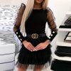 Women O Neck Long Sleeve Mesh Sleeve Faux Button Mini Dress Sexy Hollow Mesh High Waist Bodycon Mini Dress Vestidos - Hplify