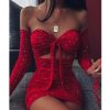Women Off Shoulder Glitter Dress Long Sleeve Solid Sexy Party Strapless Mini Dresses Bust Tied Bodycon Ruched Dresses Vestidos - Hplify