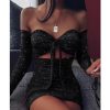 Women Off Shoulder Glitter Dress Long Sleeve Solid Sexy Party Strapless Mini Dresses Bust Tied Bodycon Ruched Dresses Vestidos - Hplify