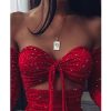 Women Off Shoulder Glitter Dress Long Sleeve Solid Sexy Party Strapless Mini Dresses Bust Tied Bodycon Ruched Dresses Vestidos - Hplify