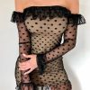 Women Off Shoulder Polka Dot Ruffles Mini Dress Slash Neck Bodycon Cute Falre Sleeve Mini Dress Mesh Sheer Vestidos - Hplify