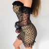 Women Off Shoulder Polka Dot Ruffles Mini Dress Slash Neck Bodycon Cute Falre Sleeve Mini Dress Mesh Sheer Vestidos - Hplify