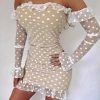 Women Off Shoulder Polka Dot Ruffles Mini Dress Slash Neck Bodycon Cute Falre Sleeve Mini Dress Mesh Sheer Vestidos - Hplify