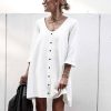 Women Office Wear Casual White Low Cut Button The Quarter Flare Sleeve Mini Dress Office Wear Ladies  Shirt Dress - Hplify