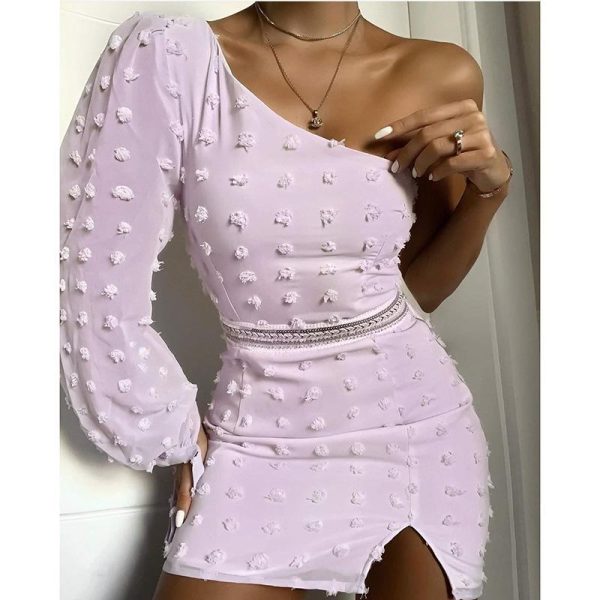 Women One Shoulder Long Sleeve Dress Slit Hem Bodycon Chiffon Dress Summer Fashion Mini Party Dresses Sexy Vestidos - Hplify