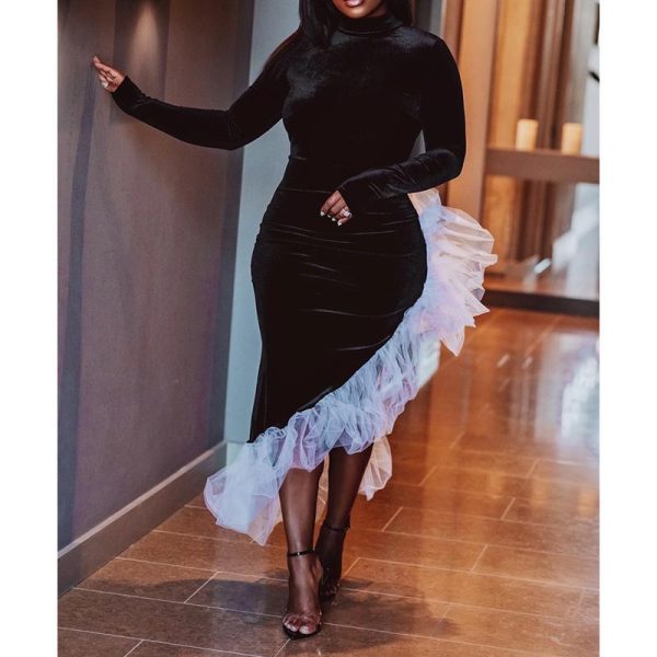 Women Open Back Mesh Patchwowrk Velvet Dress Slim Fit Bodycon Midi Dress Irregular Long Sleeve Party Dresses Skinny Vestido - Hplify