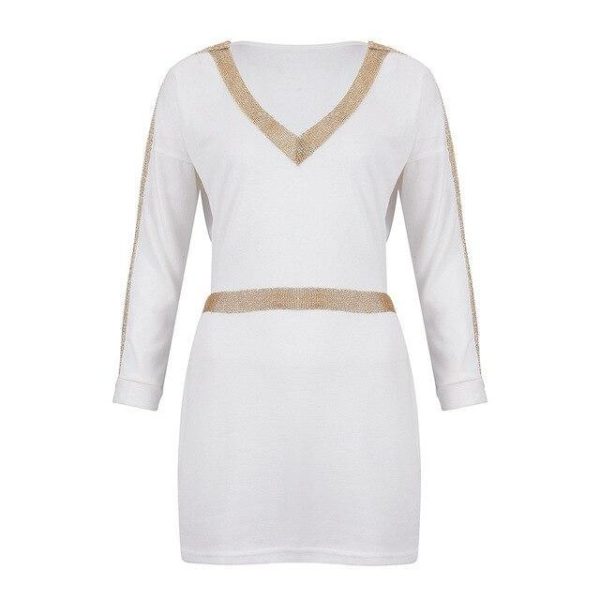 Women Party Night Clbu Wear Sexy Low Cut Patchwork Long Sleeve Elastic Waist Women Mini Dress Sexy Dress - Hplify