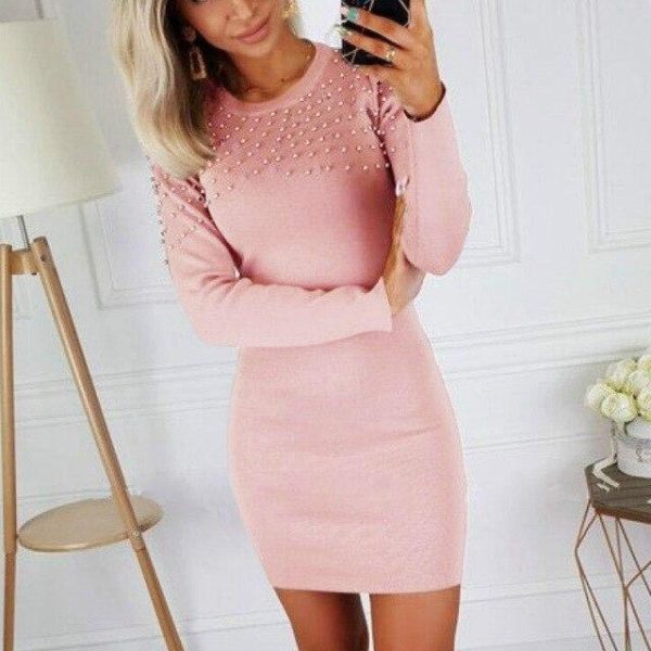 Women Party Night Club Wear Bodycon Dress Sexy Round Neck Beading Long Sleeve Skinny Women Mini Dress Sexy Dress - Hplify