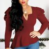 Women Puff Sleeve Plunge Tops Solid Ruched Shoulder Ruffles Hem Blouse Shirt Elegant V Neck Long Sleeve T Shirt Casual Blusa - Hplify