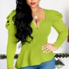 Women Puff Sleeve Plunge Tops Solid Ruched Shoulder Ruffles Hem Blouse Shirt Elegant V Neck Long Sleeve T Shirt Casual Blusa - Hplify