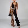 Women Ruffles Flare Jumpsuits Leopard Print Sleeveless O-Neck Outfits Sexy Skinny Rompers Club Night Party One Piece Overalls - Hplify