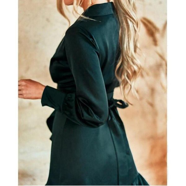 Women Ruffles V Neck Long Sleeve Dress Autumn Sashes Green Short Dress Casual Party Mini Vestidos Mujer - Hplify