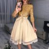 Women Sequin Mesh Patchwork A-line Party Dress Sequins Tight Waist Layered Mesh Dress Elegant Ladies 3/4 Sleeve formal Dresses - Hplify