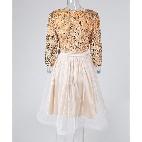 Women Sequin Mesh Patchwork A-line Party Dress Sequins Tight Waist Layered Mesh Dress Elegant Ladies 3/4 Sleeve formal Dresses - Hplify