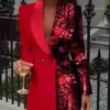 Women Sequined Patchwork Blazer Dress Colorblock Sequins Long Sleeve Dress Elegant Buttoned Turn Down Collar Office Dresses - Hplify