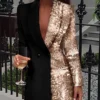 Women Sequined Patchwork Blazer Dress Colorblock Sequins Long Sleeve Dress Elegant Buttoned Turn Down Collar Office Dresses - Hplify
