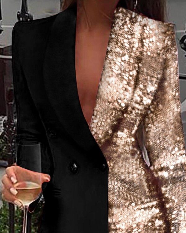 Women Sequined Patchwork Blazer Dress Colorblock Sequins Long Sleeve Dress Elegant Buttoned Turn Down Collar Office Dresses - Hplify