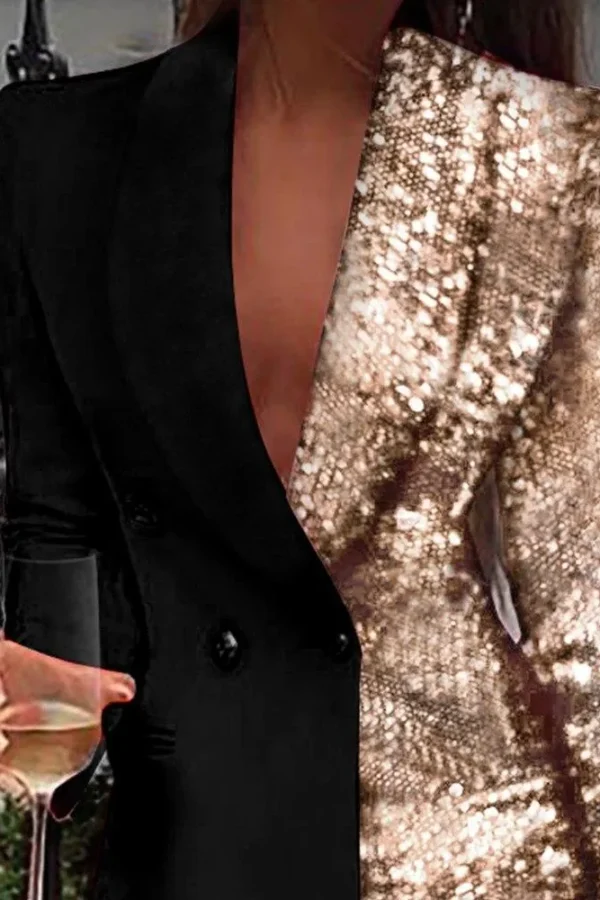 Women Sequined Patchwork Blazer Dress Colorblock Sequins Long Sleeve Dress Elegant Buttoned Turn Down Collar Office Dresses - Hplify