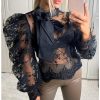 Women Lace Embroider Mesh Blouse Puffed Sleeve Blouse Shirts Long Sleeve Bow Tie Collar Shirt Blouse - Hplify