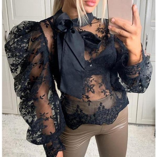 Women Lace Embroider Mesh Blouse Puffed Sleeve Blouse Shirts Long Sleeve Bow Tie Collar Shirt Blouse - Hplify