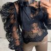 Women Lace Embroider Mesh Blouse Puffed Sleeve Blouse Shirts Long Sleeve Bow Tie Collar Shirt Blouse - Hplify