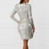 Women Sequin Party Dress Silver Glitter Club Dress Long Sleeve Evening Gown Dress Plunge Wrap Overlap Sequin Vestidos - Hplify