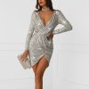 Women Sequin Party Dress Silver Glitter Club Dress Long Sleeve Evening Gown Dress Plunge Wrap Overlap Sequin Vestidos - Hplify
