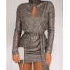Women Sequined Keyhole Tie Waist Dress Club Wear Party Mini Dress Asymmetric Sexy Bodycon Mini Vestidos - Hplify