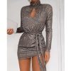 Women Sequined Keyhole Tie Waist Dress Club Wear Party Mini Dress Asymmetric Sexy Bodycon Mini Vestidos - Hplify