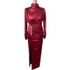 Women Splits Long Sleeve Maxi Dress High Neck Ruched Thigh Slit Satin Dresses Elegant Buttoned Sleeve Robe Femme - Hplify