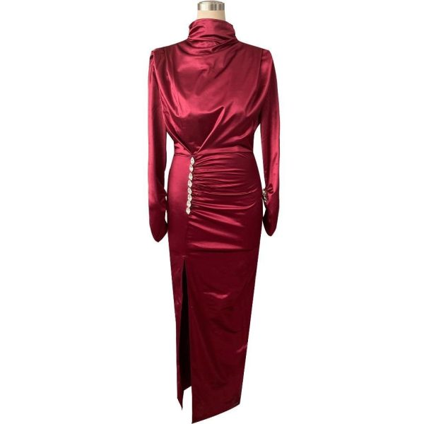 Women Splits Long Sleeve Maxi Dress High Neck Ruched Thigh Slit Satin Dresses Elegant Buttoned Sleeve Robe Femme - Hplify