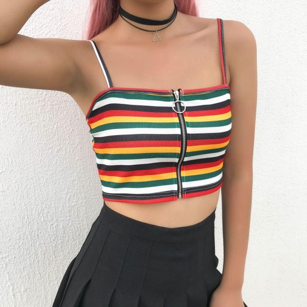 The Best Women Sexy Tank Top Vest Blouse Sleeveless Summer Zipper Crop Top Shirt Cami Top Casual Rainbow Stripe Shirt Online - Hplify