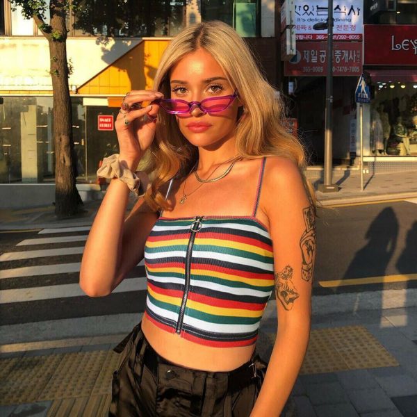 The Best Women Sexy Tank Top Vest Blouse Sleeveless Summer Zipper Crop Top Shirt Cami Top Casual Rainbow Stripe Shirt Online - Hplify