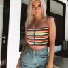 The Best Women Sexy Tank Top Vest Blouse Sleeveless Summer Zipper Crop Top Shirt Cami Top Casual Rainbow Stripe Shirt Online - Hplify