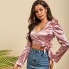 The Best Women Sexy Tops Ladies Fashion Fluffy Long Sleeve Crop Top Slim Fit Casual Solid V-Neck Tie Blouse Shirt New Online - Hplify