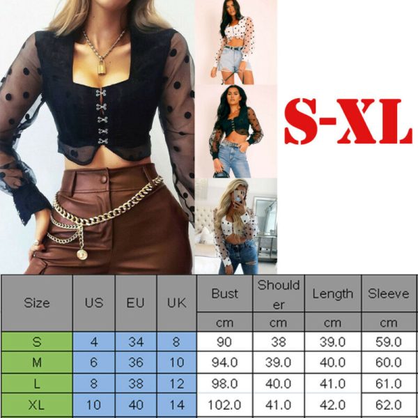 The Best Women Sheer Mesh Puff Long Sleeve See-through Blouse Shirt Summer Fashion Ladies Polka Dot V-Neck Casual Tops Online - Hplify