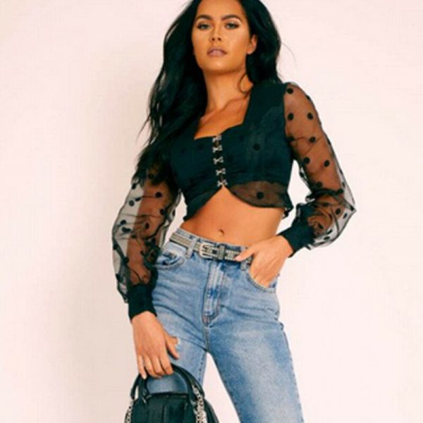 The Best Women Sheer Mesh Puff Long Sleeve See-through Blouse Shirt Summer Fashion Ladies Polka Dot V-Neck Casual Tops Online - Hplify
