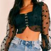The Best Women Sheer Mesh Puff Long Sleeve See-through Blouse Shirt Summer Fashion Ladies Polka Dot V-Neck Casual Tops Online - Hplify